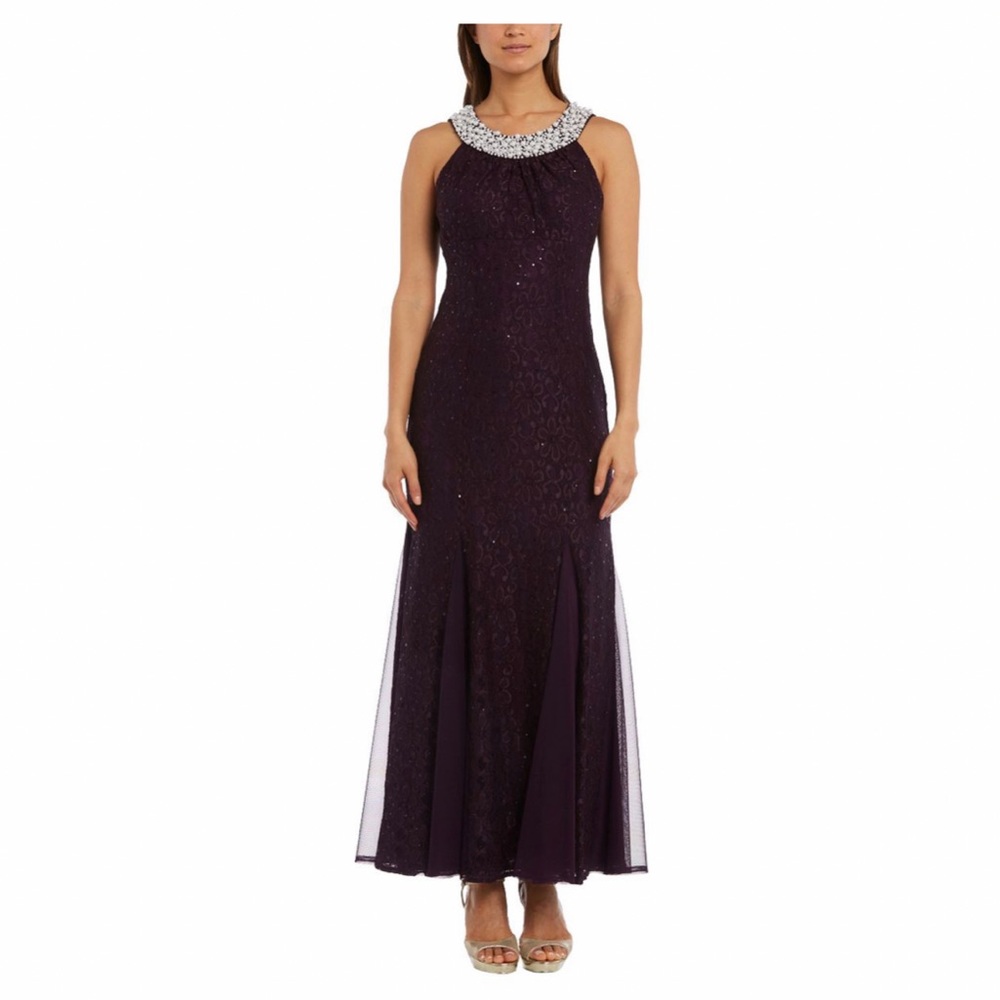 R & M RICHARDS Women's Embellished-neck Glitter-lace Gown Dress Size 10. NWT